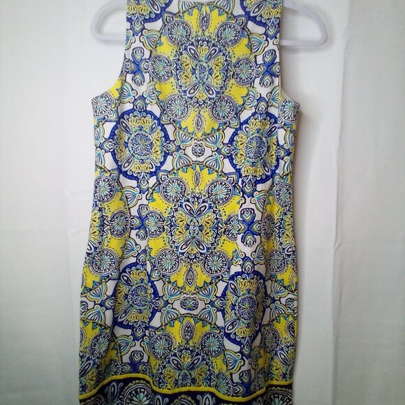 London Times Dress Women 6 Sleeveless Pattern Back Zip Yellow Blue - Picture 10 of 12
